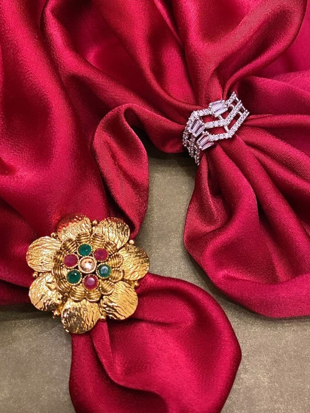ATIBELLE Set of 2 Gold Plated & Cubic Zirconia Stone Studded Floral Rings - Image 1