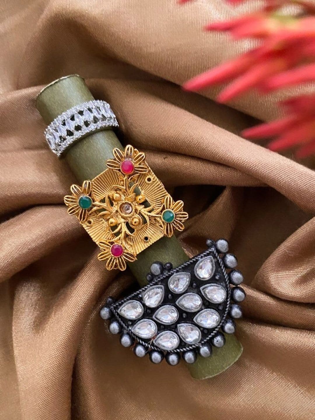 ATIBELLE Set of 3 Gold & Silver-Plated Artificial Stones & Beads Studded Finger Ring - Image 1