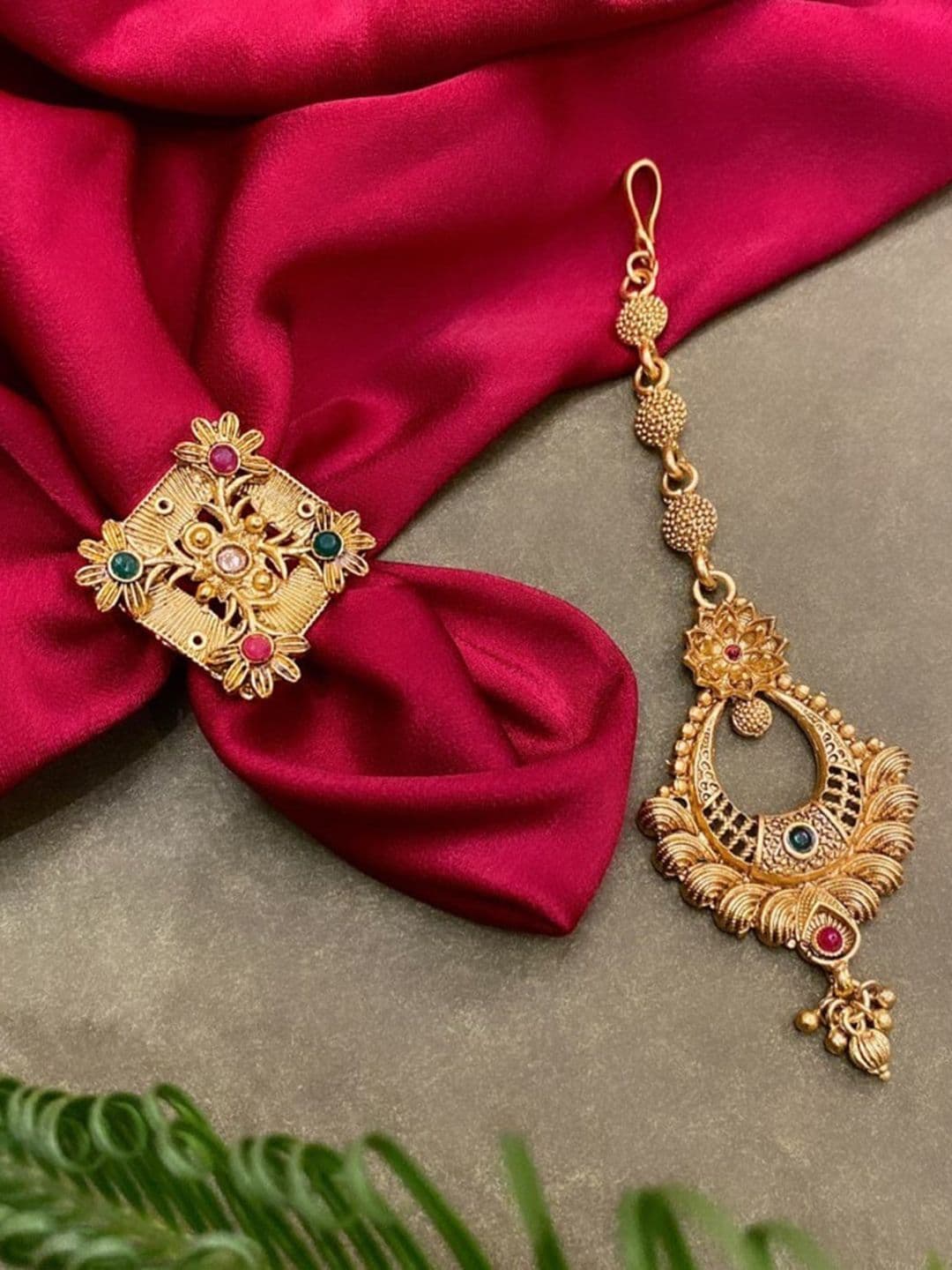 ATIBELLE Gold-Plated Arificial Stones & Beads Studded Jewellery Set - Image 1