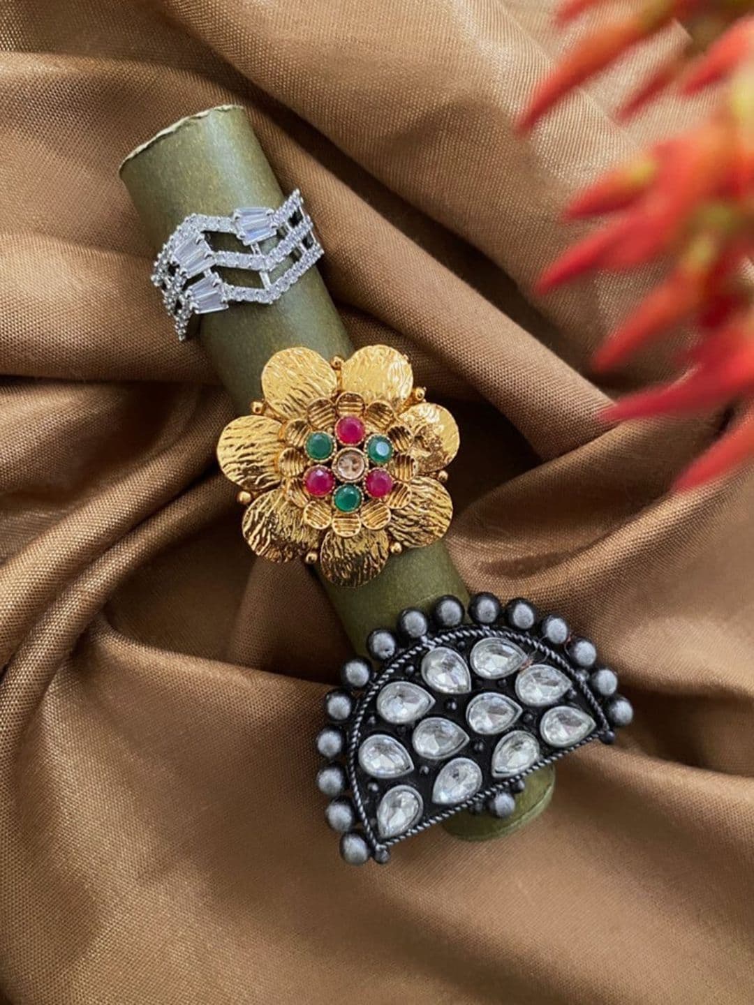 ATIBELLE Set Of 3 Gold-Plated & Silver-Plated Stone-Studded Finger Rings - Image 1