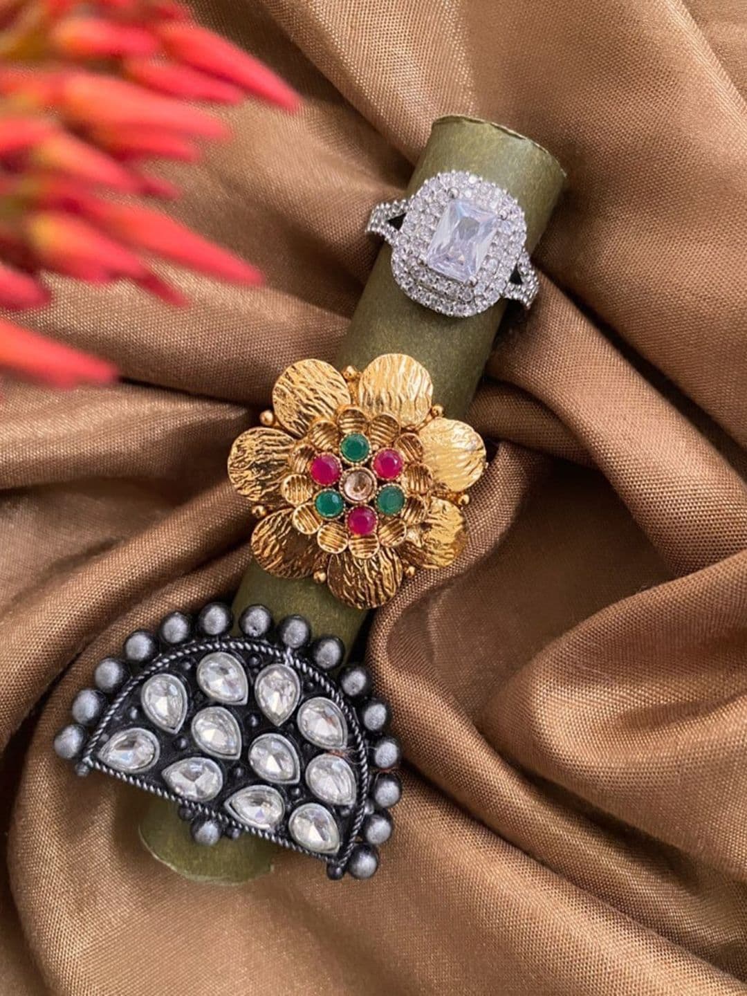 ATIBELLE Set Of 3 Gold-Plated & Silver Plated Stone-Studded Adjustable Floral Finger Rings - Image 1