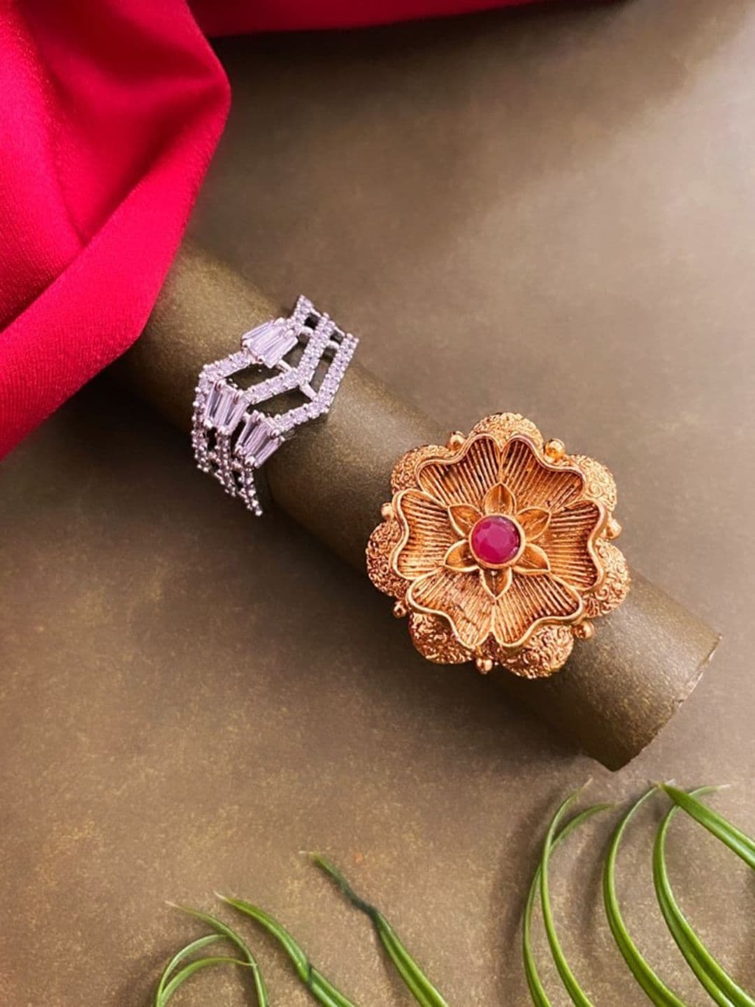 ATIBELLE Set of 2 Gold-Plated CZ Studded Adjustable Finger Ring - Image 1