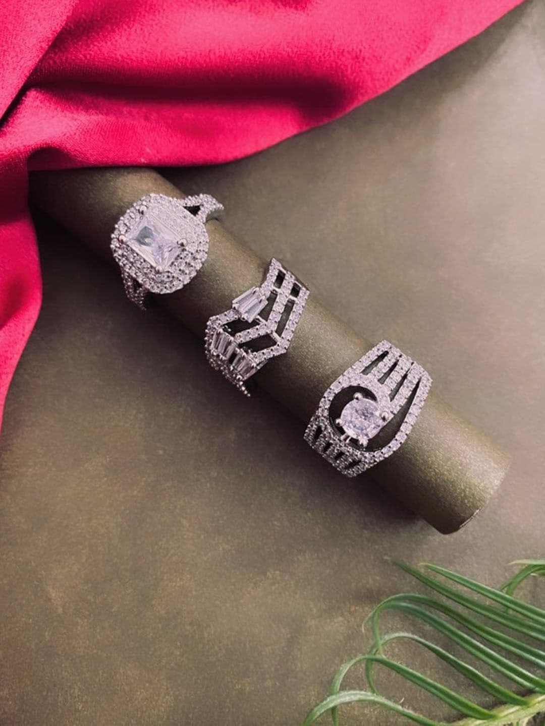 ATIBELLE Set Of 3 Rhodium-Plated CZ Stone-Studded Adjustable Finger Ring - Image 1