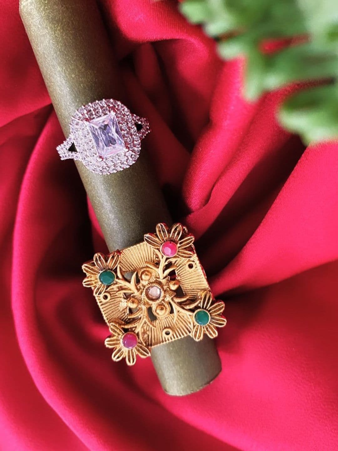 ATIBELLE Set of 2 Gold-Plated CZ Stone-Studded Adjustable Finger Ring - Image 1