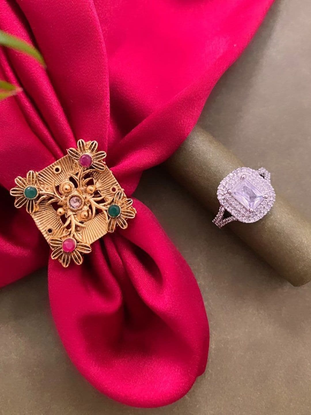 ATIBELLE Set Of 2 Gold-Plated CZ Studded Floral Rings - Image 1