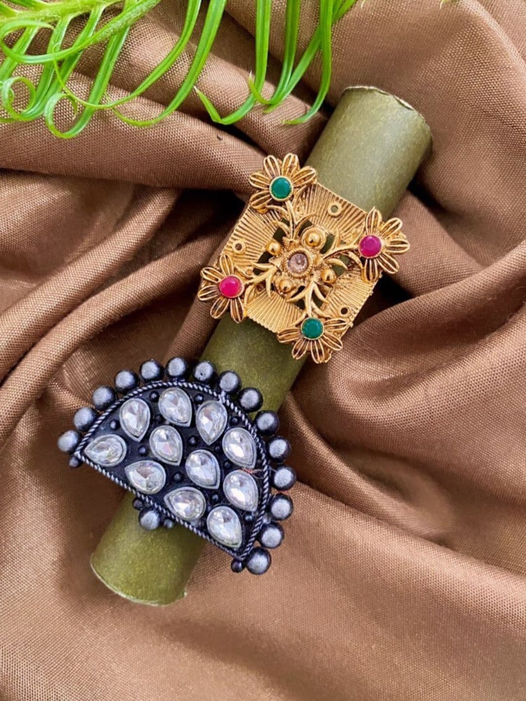 ATIBELLE Set Of 2 Gold-Plated & Silver-Plated Stone-Studded Finger Rings - Image 1