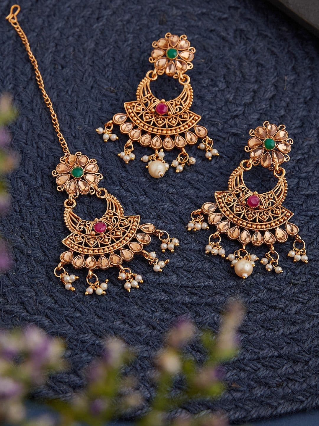 ATIBELLE Gold-Plated stone-studded & beaded Jewellery Set - Image 1