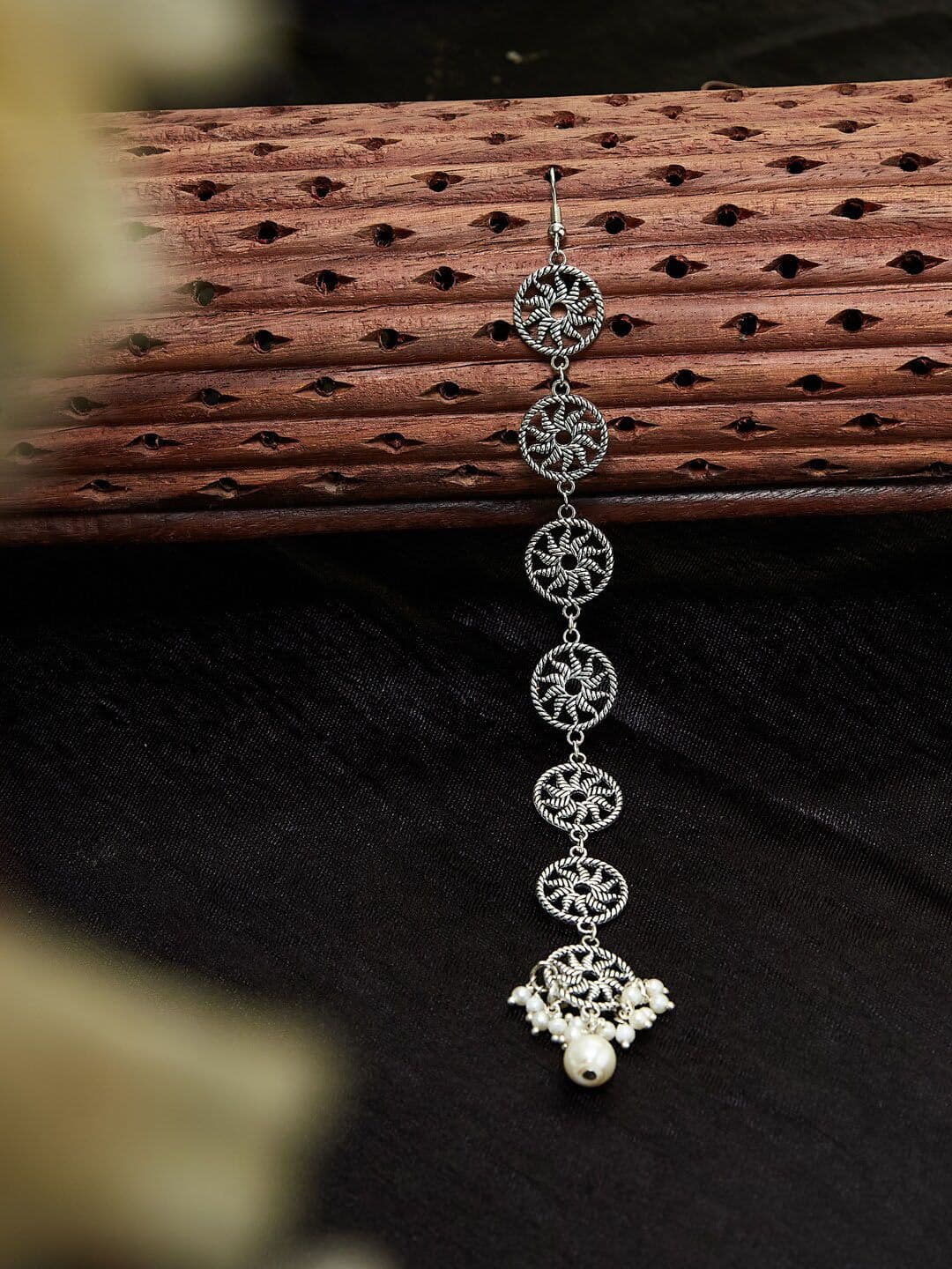 ATIBELLE Silver-Plated German Silver Layered Chakra-Floral Shaped Beaded Maangtikka - Image 1