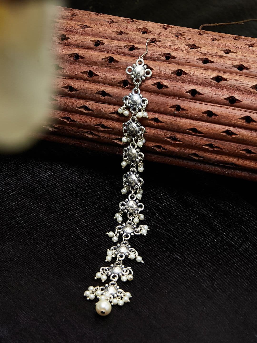 ATIBELLE German Silver Plated & Layered Floral Shaped Pearl Beaded Maangtikka - Image 1