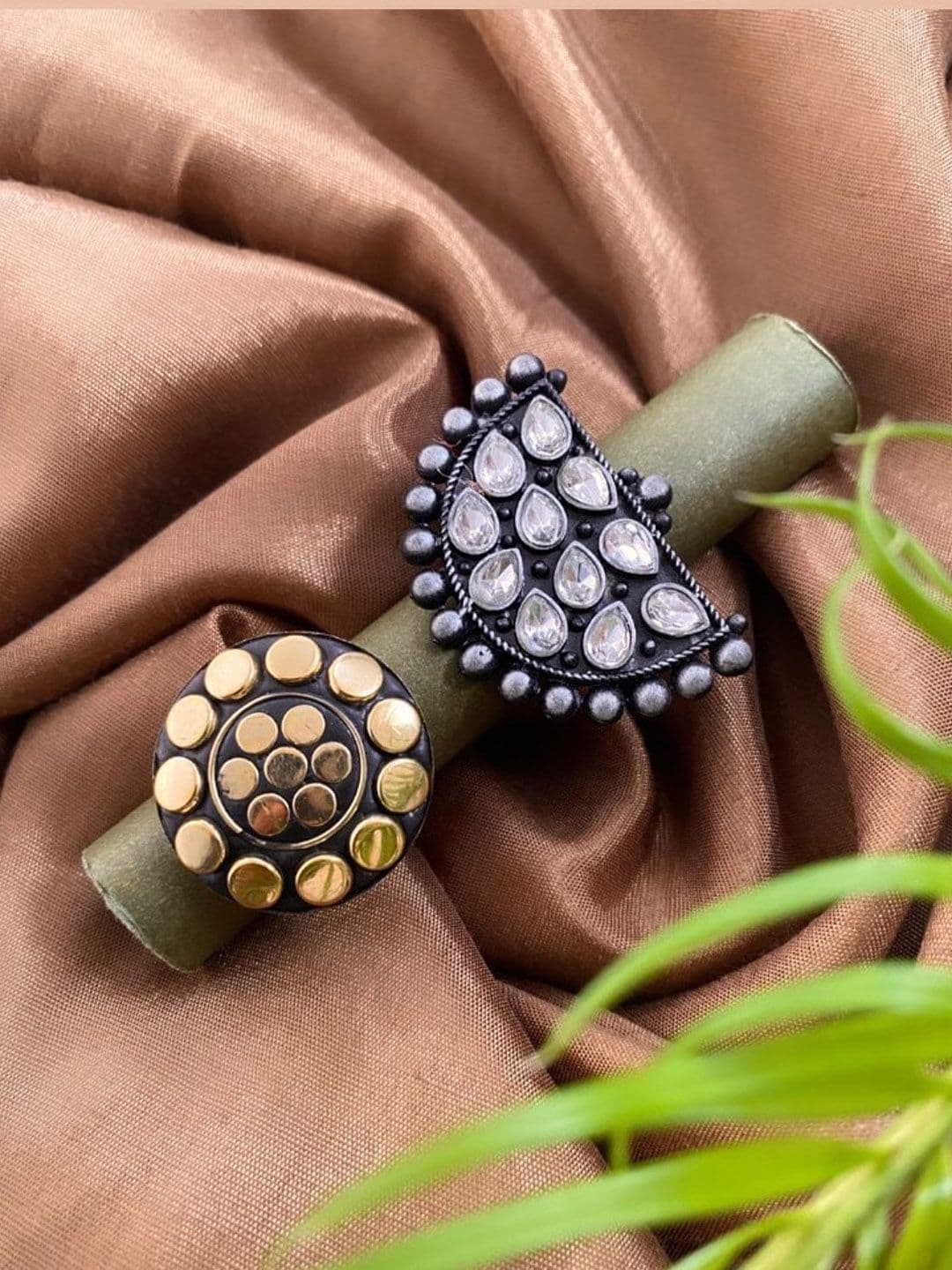 ATIBELLE Set Of 2 Gold & Silver-Plated Stone Studded Adjustable Finger Rings - Image 1