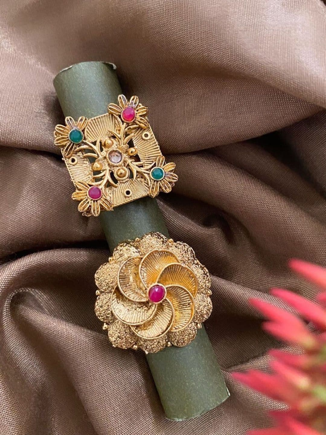 ATIBELLE Set Of 2 Gold-Plated Stone Studded Adjustable Finger Rings - Image 1