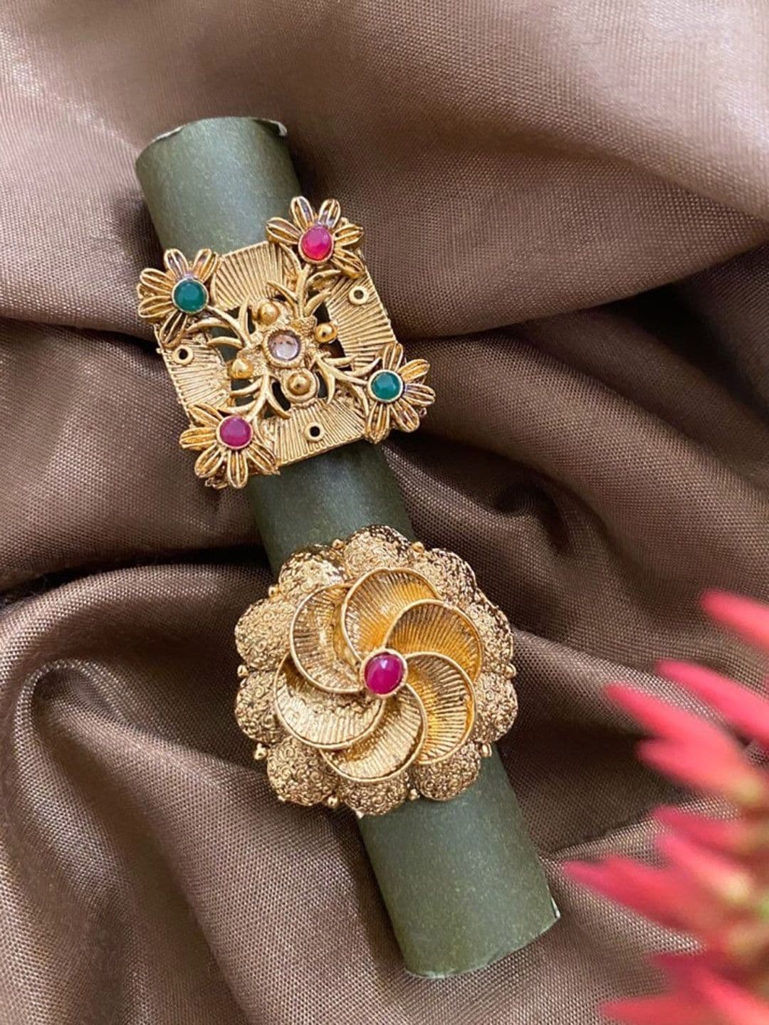 ATIBELLE Set Of 2 Gold-Plated Stone Studded Floral Shaped Finger Ring - Image 1