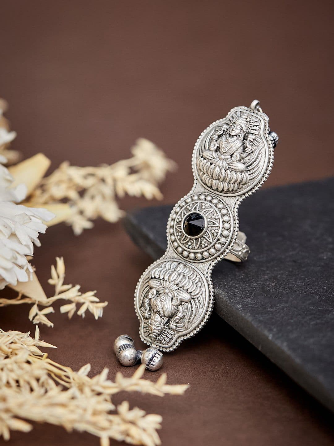 ATIBELLE Silver-Plated Stone Studded Goddess Shaped Finger Ring - Image 1