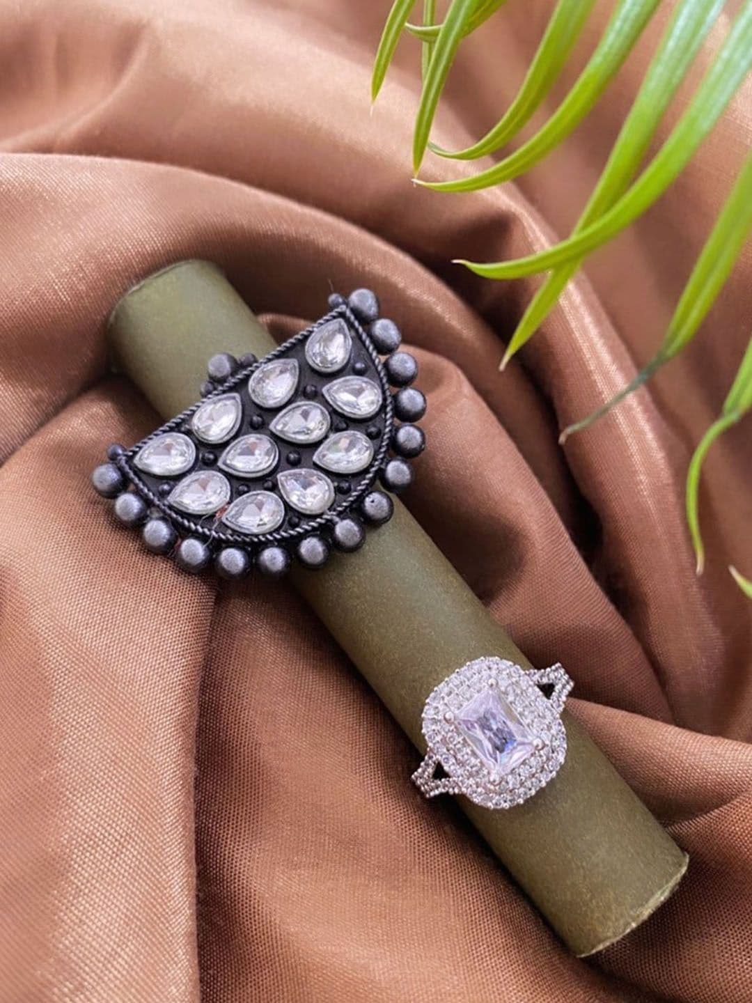 ATIBELLE Set Of 2 Silver-Plated Stone Studded Adjustable Finger Rings - Image 1