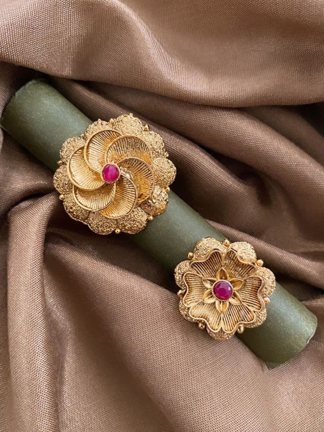 ATIBELLE Set Of 2 Gold-Plated Cubic Zirconia-Studded Floral Shaped Finger Rings - Image 1