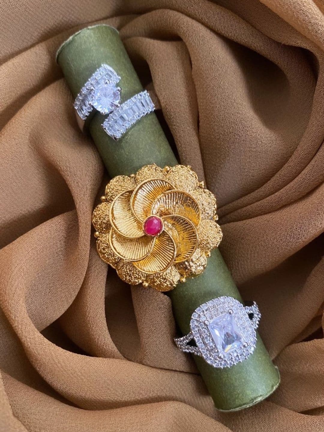 ATIBELLE Set Of 3 Gold & Sliver Plated CZ Stone-Studded Finger Rings - Image 1