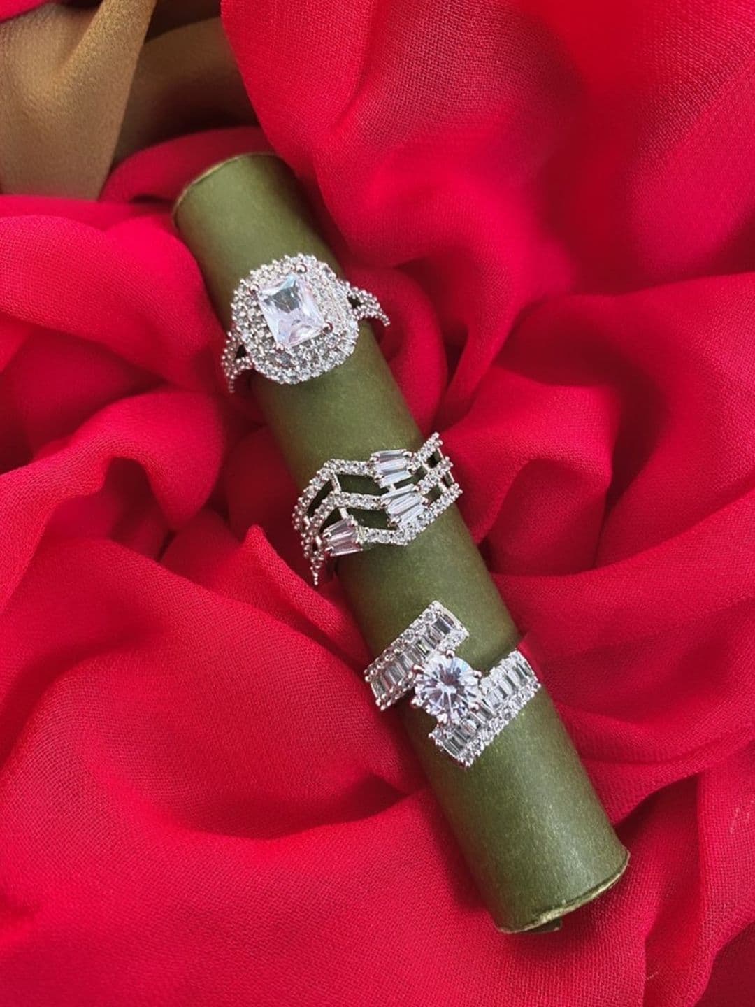 ATIBELLE Set of 3 Rhodium-Plated CZ-Studded Finger Rings - Image 1