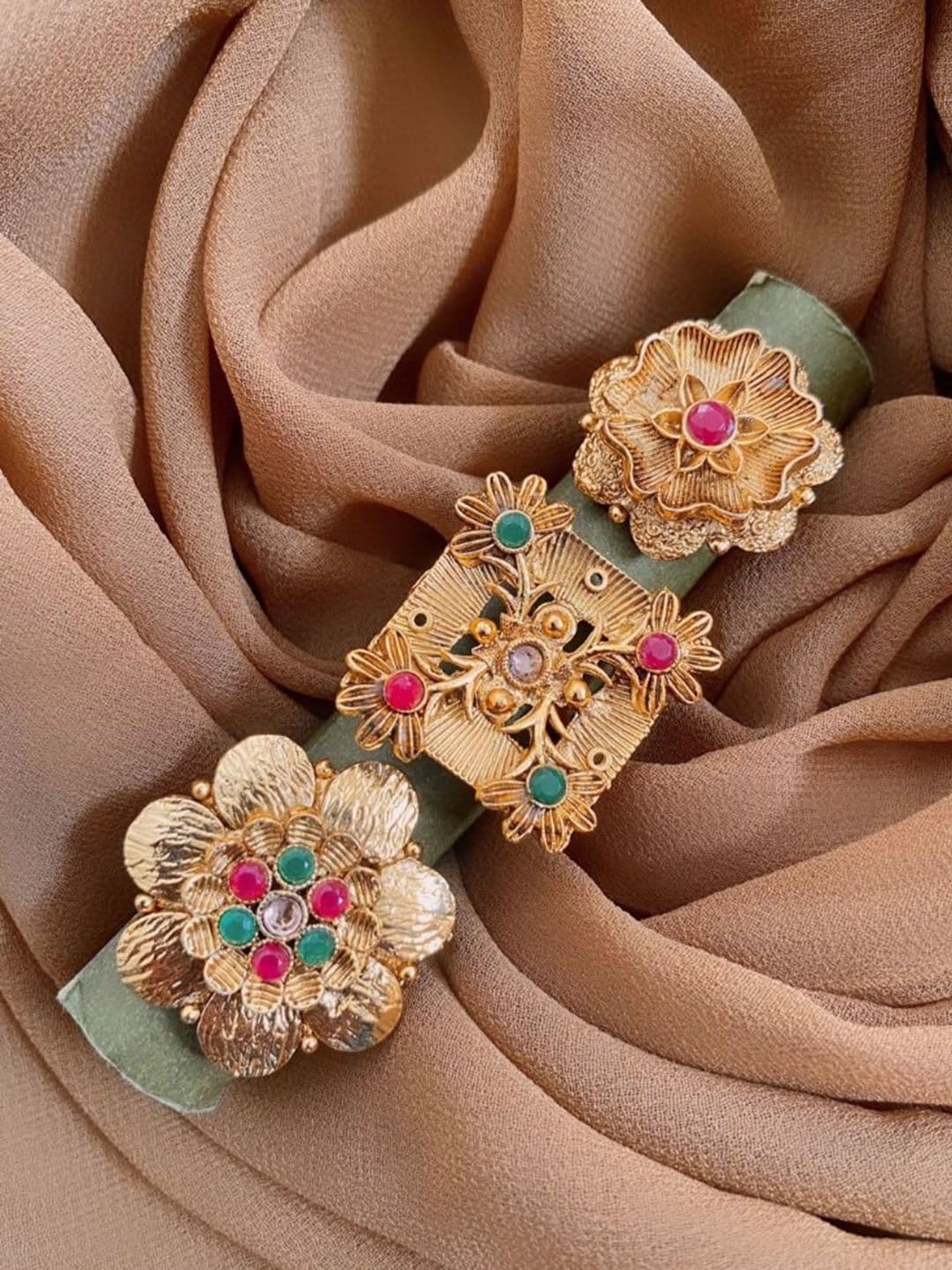 ATIBELLE Set Of 3 Gold-Plated Artificial Stones Studded Floral Rings - Image 1