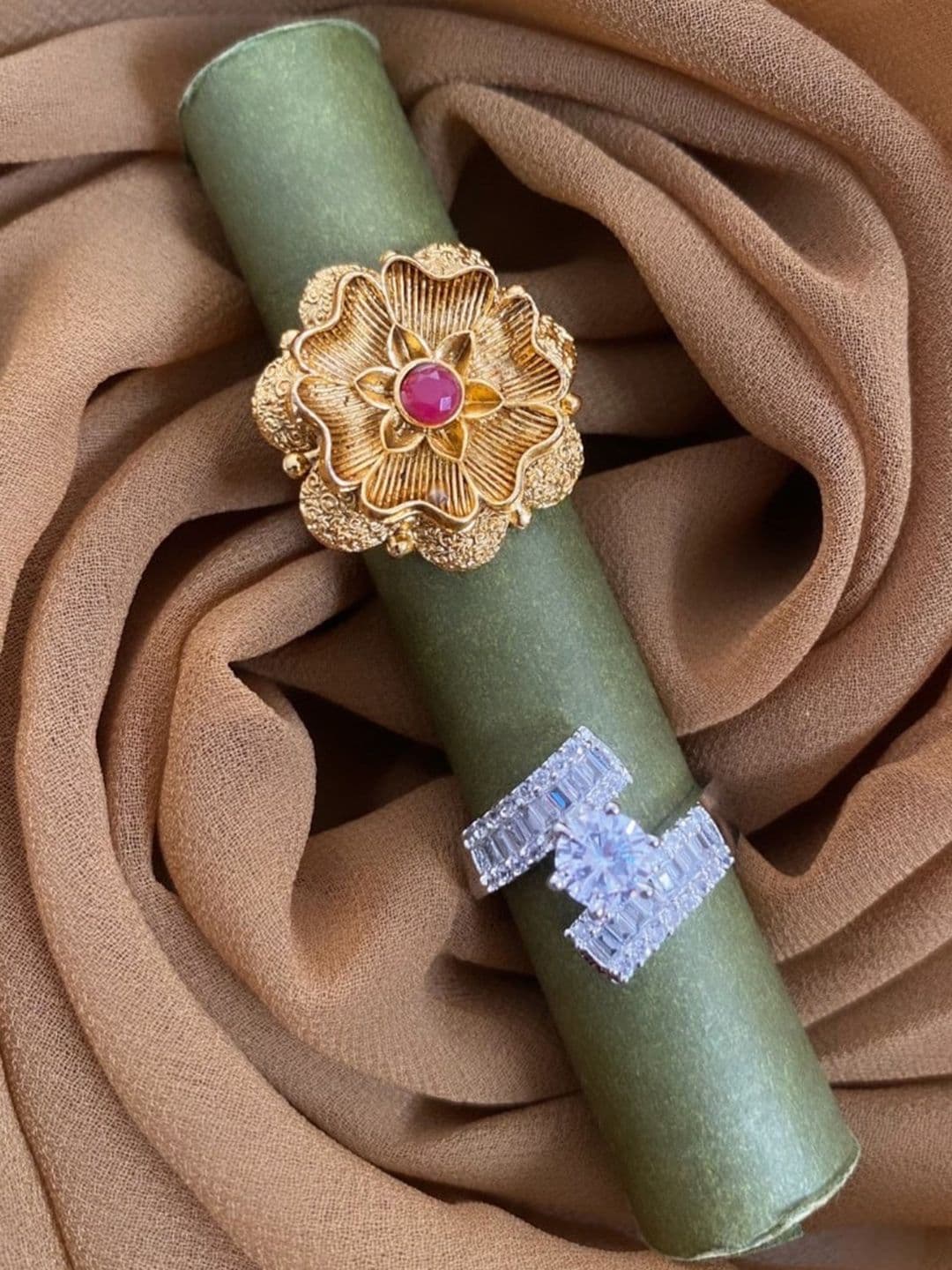 ATIBELLE Set Of 2 Gold & Silver-Plated CZ-Studded Rings - Image 1