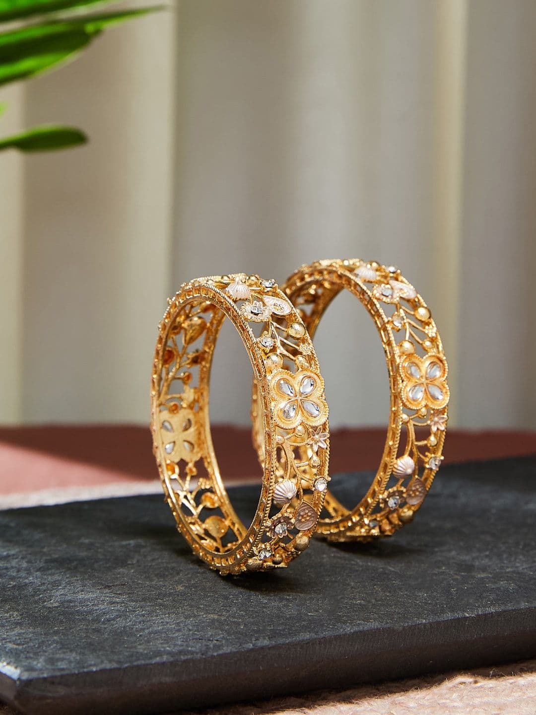 ATIBELLE Set Of 2 Gold-Plated Kundan Studded Bangles - Image 1