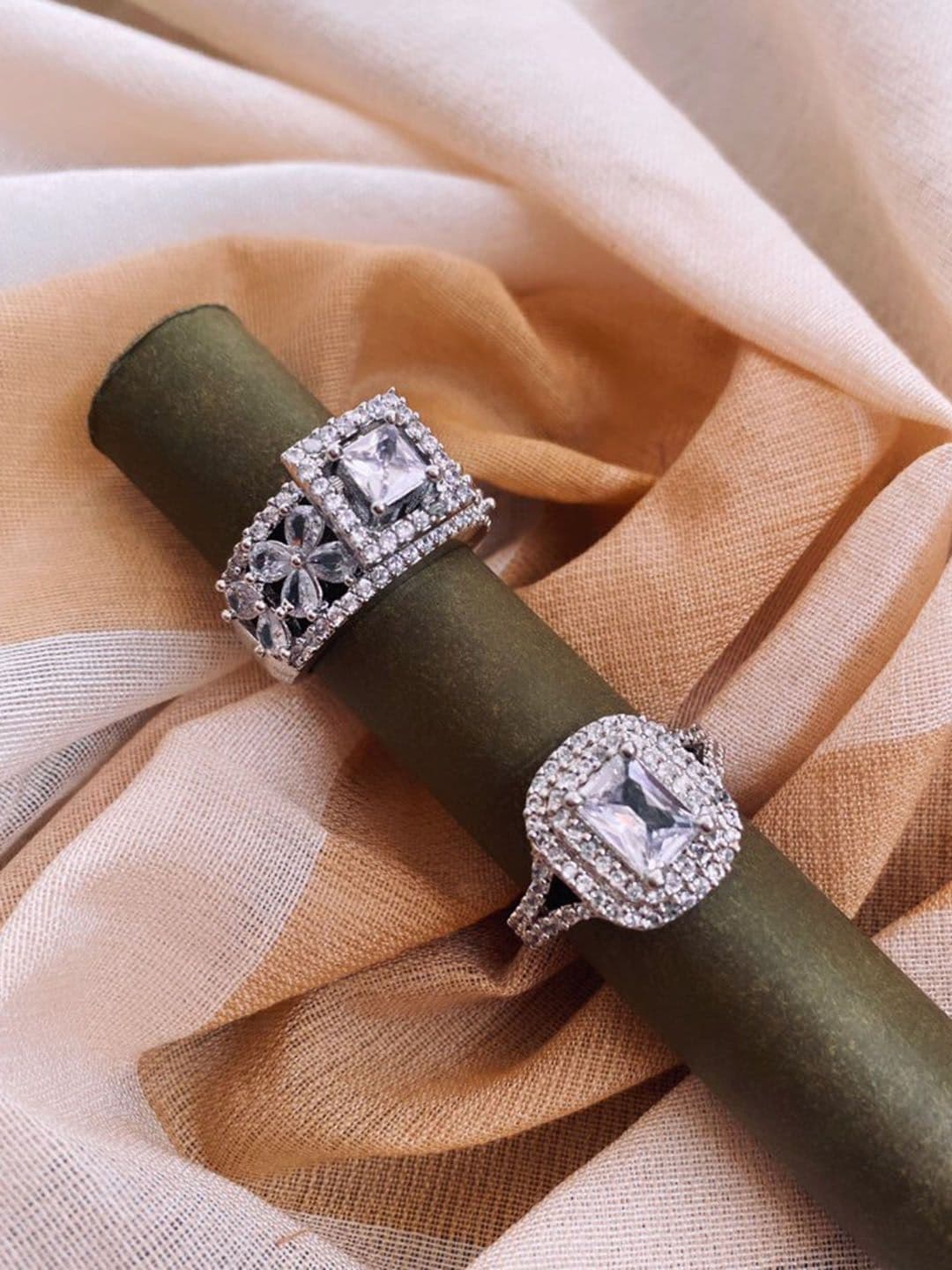 ATIBELLE Set of 2 Silver Plated Floral Shaped Cubic Zirconia Studded Rings - Image 1