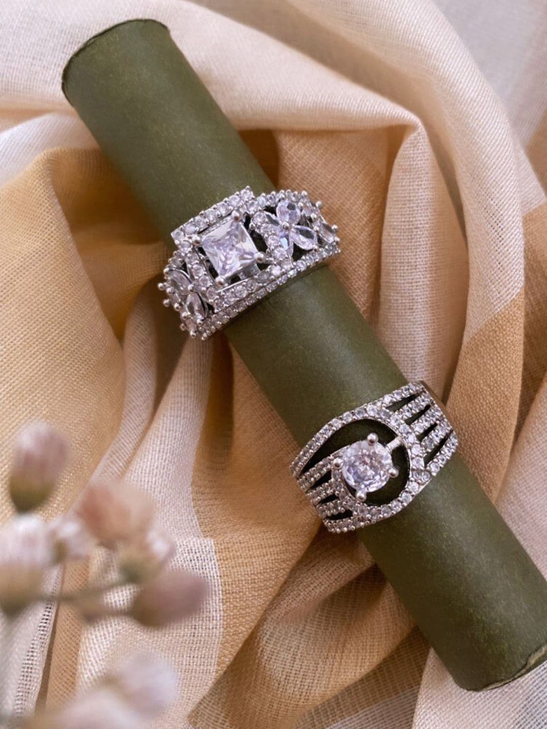 Atibelle Set of 2 Silver-Plated Cubic Zirconia Studded Finger Rings - Image 1