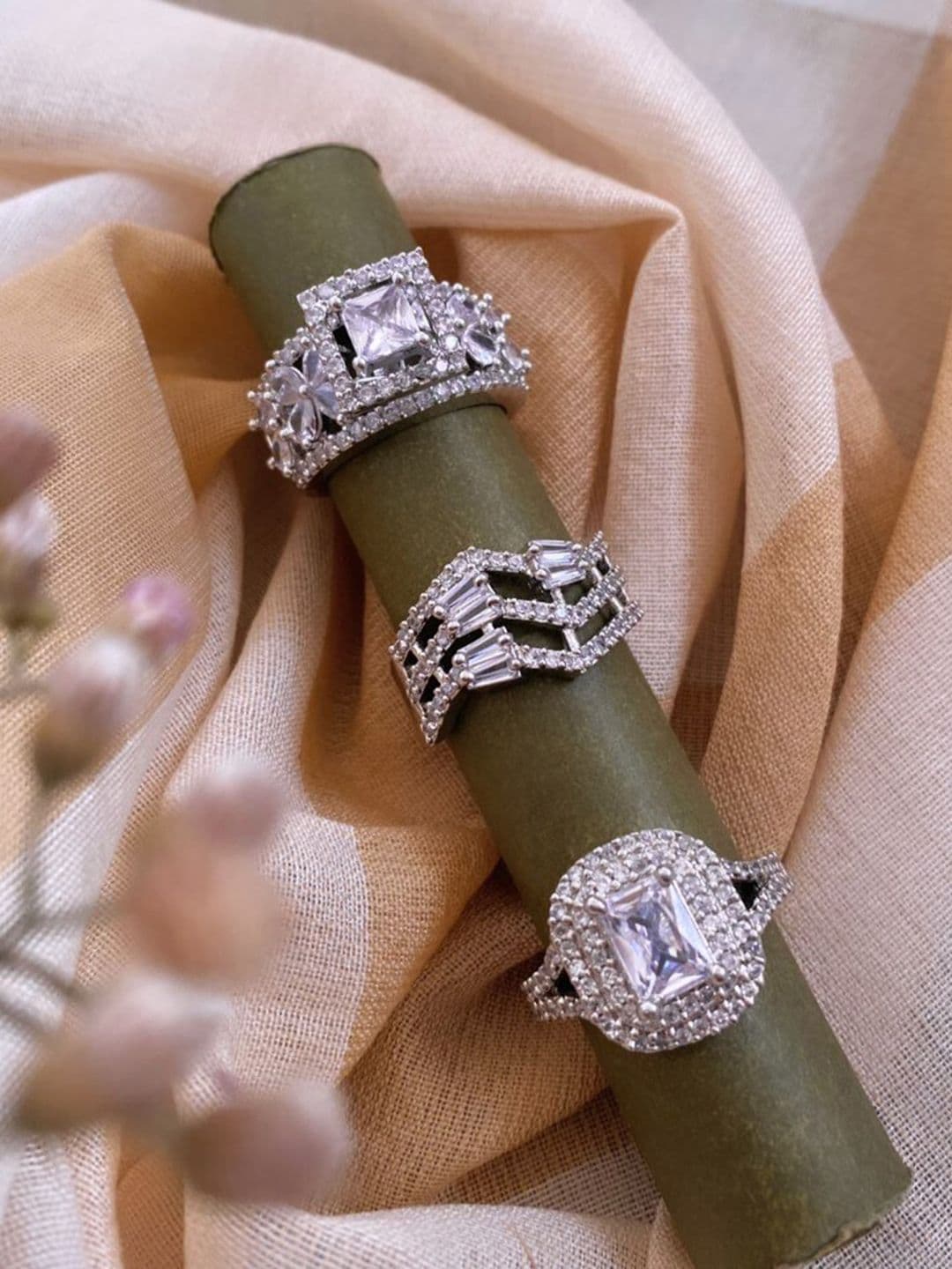 ATIBELLE Set of 3 Silver Plated Floral Shaped Cubic Zirconia Studded Rings - Image 1
