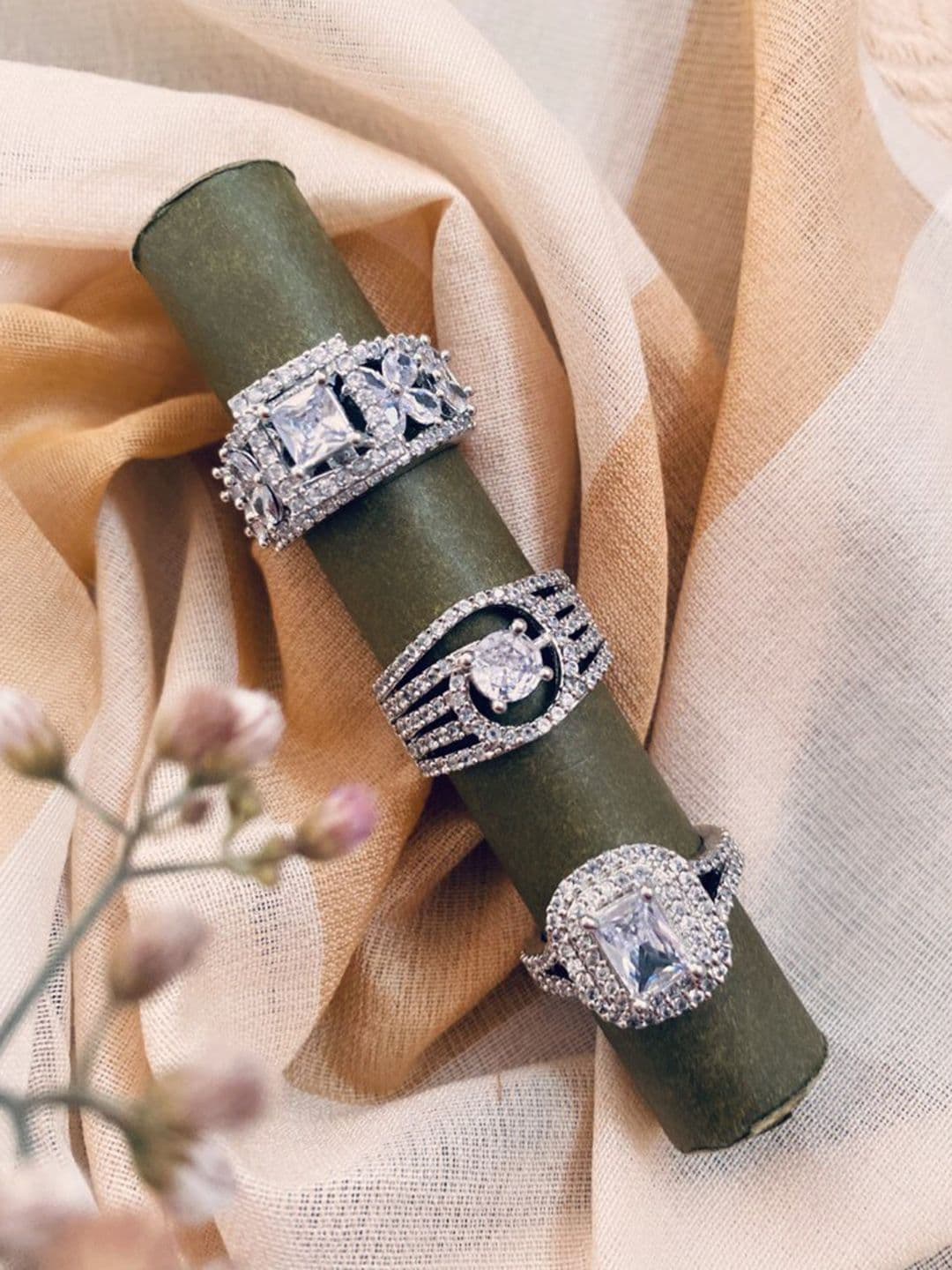 ATIBELLE Set of 3 Silver-Plated Cubic Zirconia Stone Studded Adjustable Finger Rings - Image 1