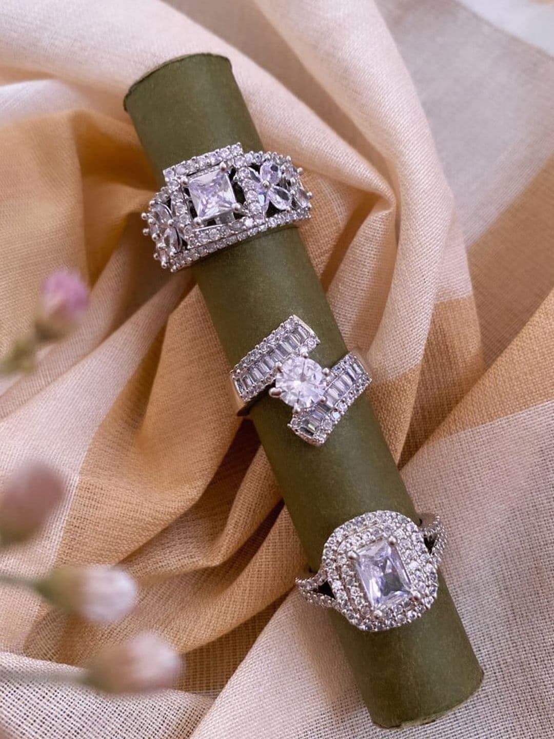 Atibelle Set of 3 Silver-Plated Cubic Zirconia Studded Finger Rings - Image 1