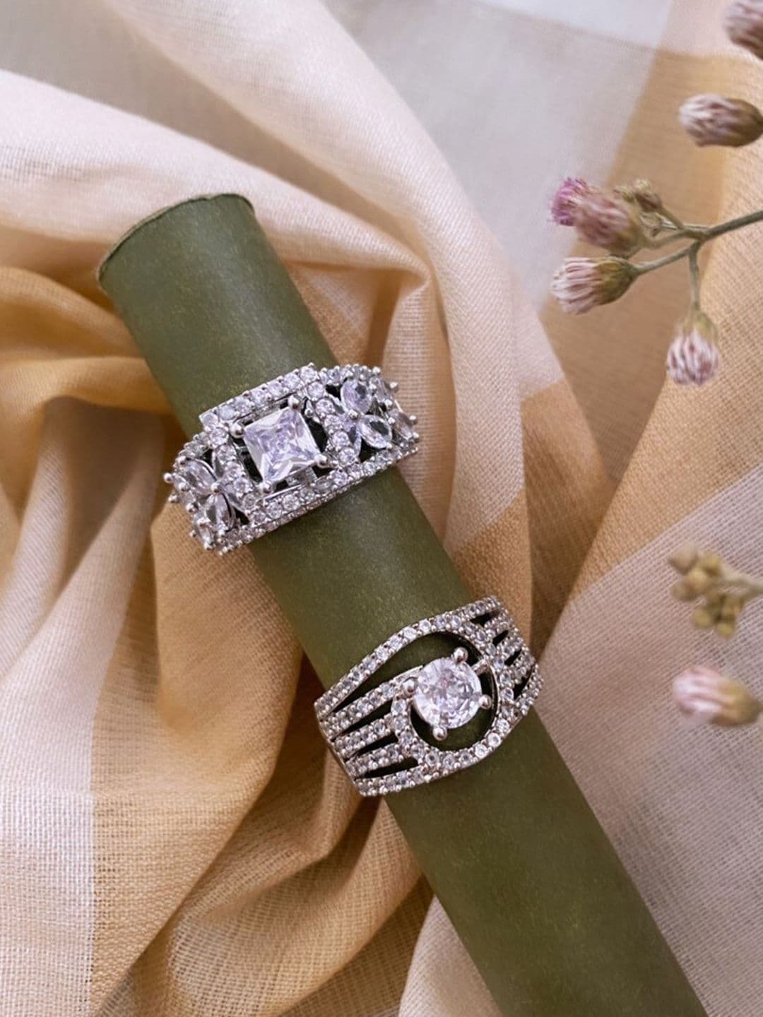 ATIBELLE Set of 2 Silver Plated Floral Shaped Cubic Zirconia Studded Rings - Image 1