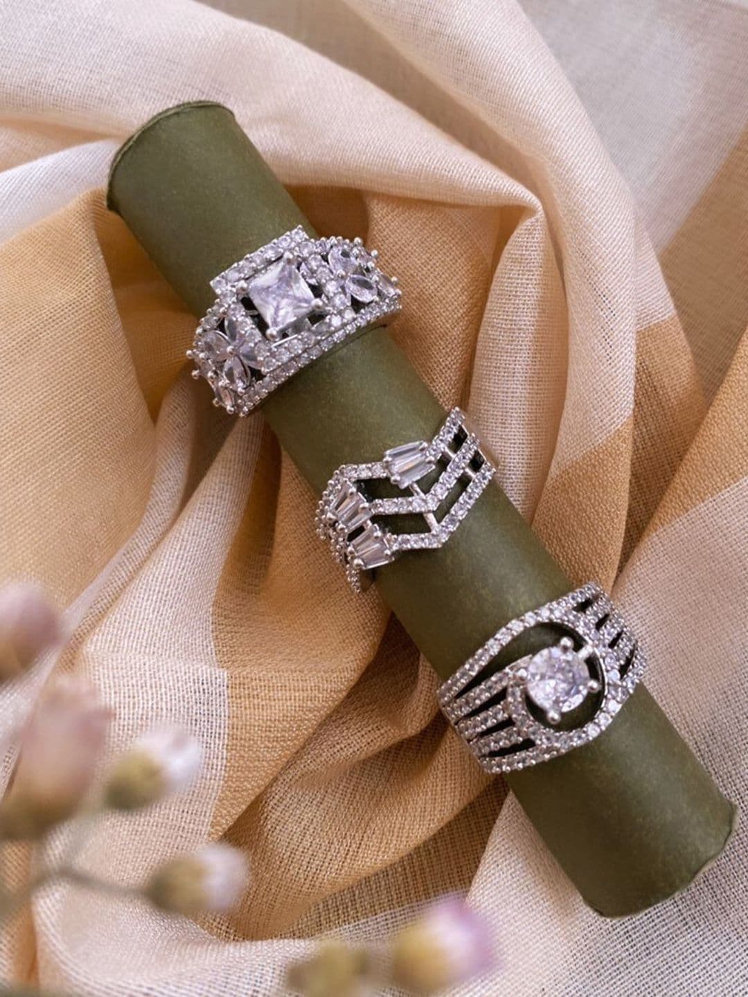 ATIBELLE Set of 3 Cubic Zirconia Stone Studded Adjustable Finger Rings - Image 1