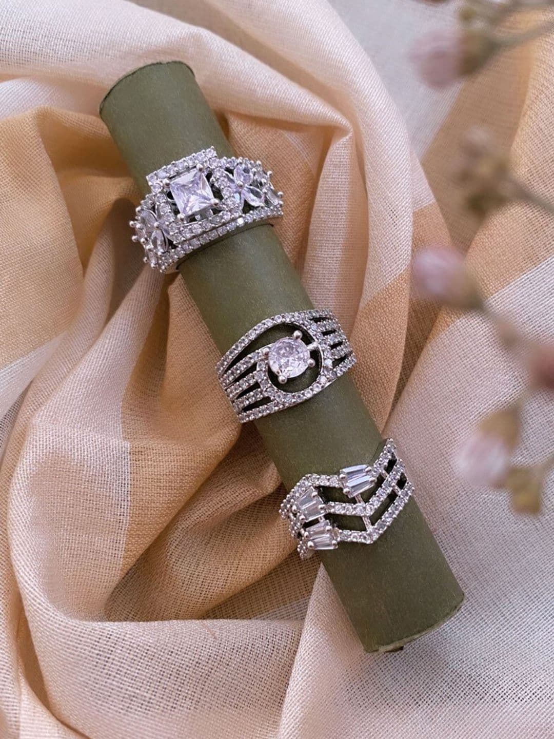 Atibelle Set of 3 Silver-Plated Cubic Zirconia Studded Finger Rings - Image 1