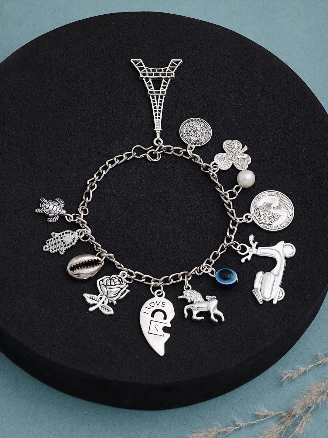 ATIBELLE Silver-Plated German Silver Evil-Eye Studded & Beaded Charm Bracelet