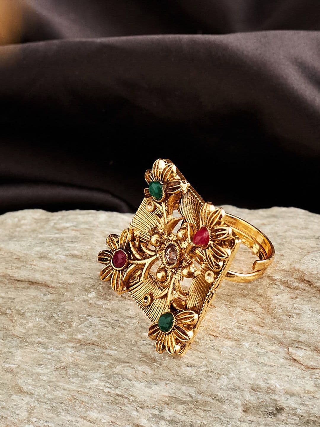 ATIBELLE Gold-Plated Stone-Studded Finger Ring - Image 1