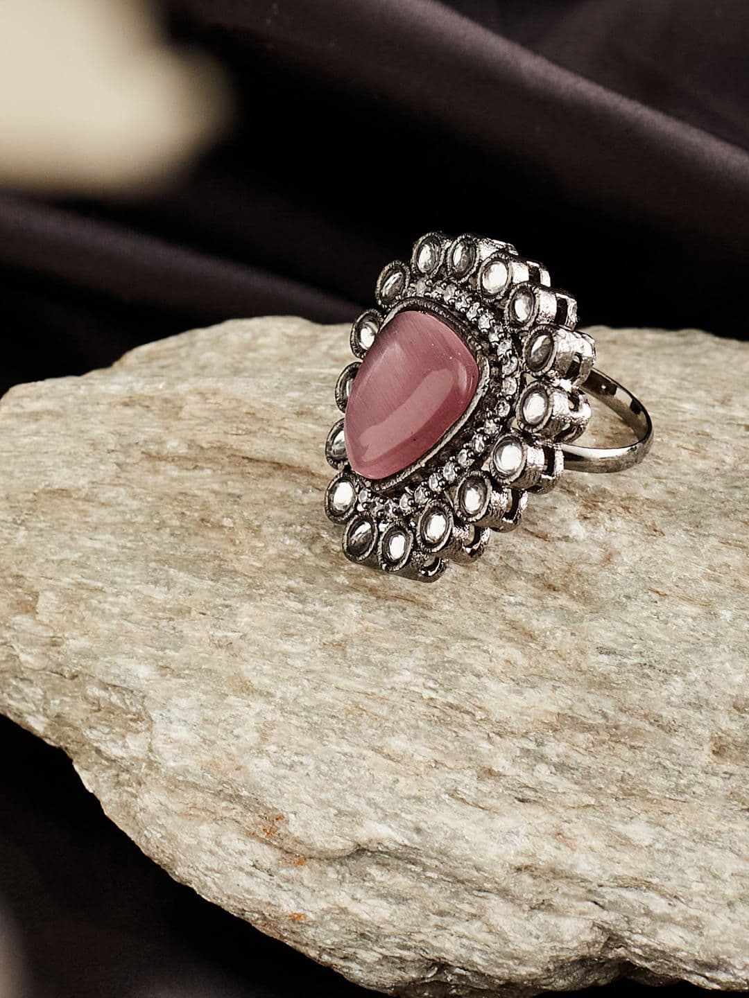ATIBELLE Silver-Plated CZ-Studded Adjustable Finger Ring - Image 1