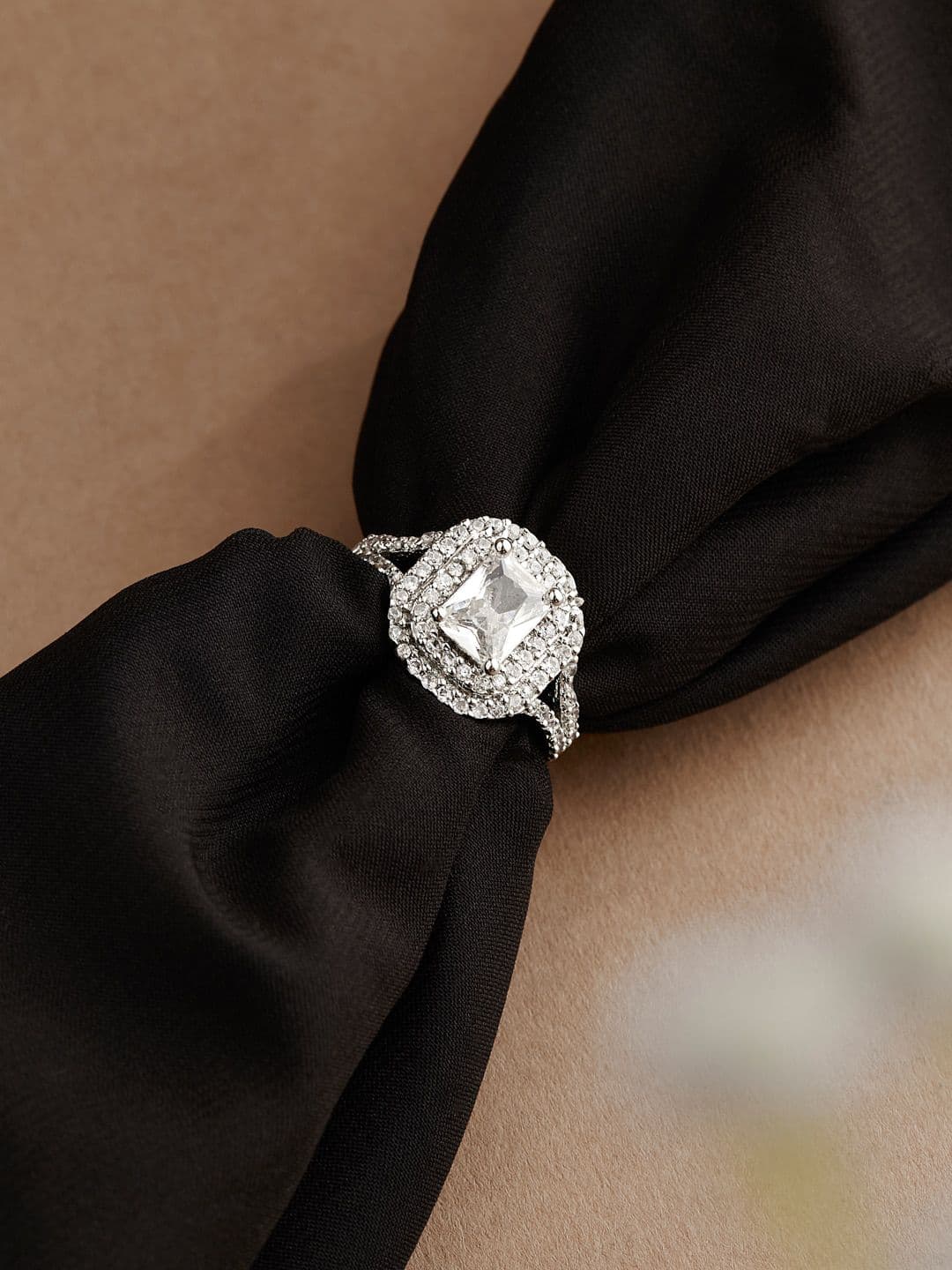 ATIBELLE Silver-Plated CZ-Studded Adjustable Finger Ring - Image 1