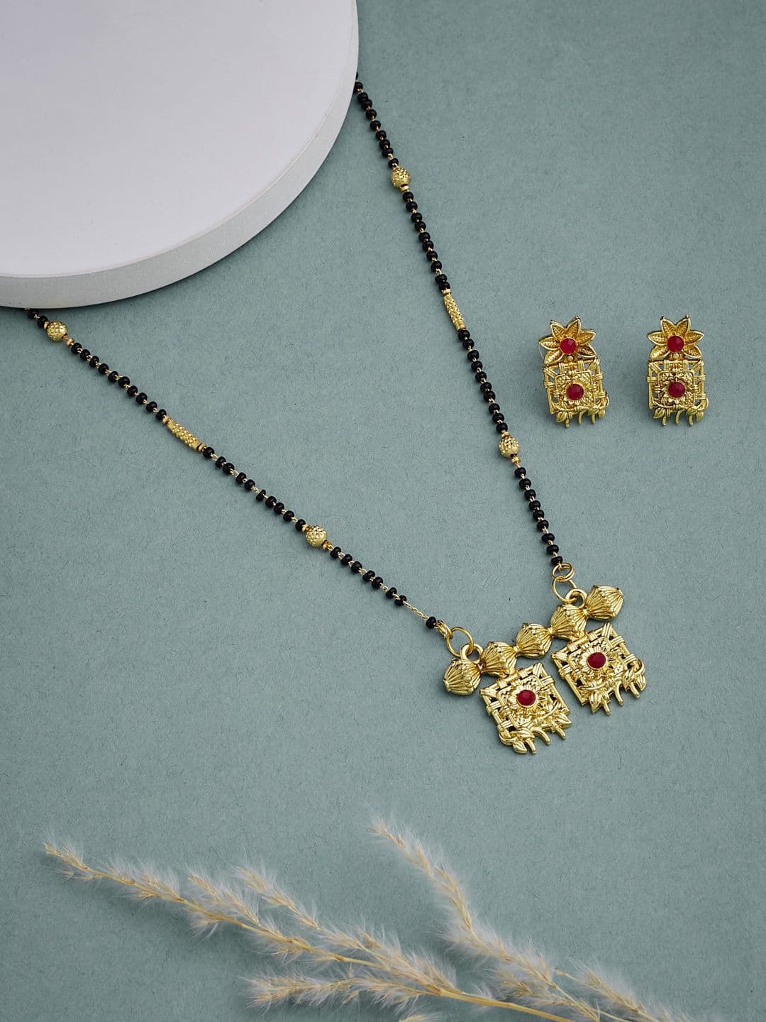 ATIBELLE Gold Plated Stone Studded & Beaded Mangalsutra With Earrings - Image 1