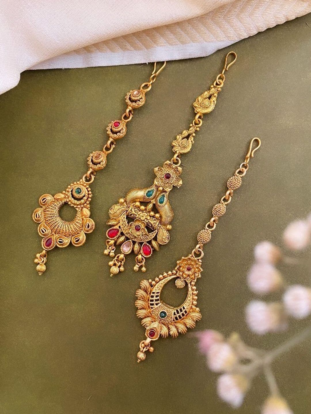 ATIBELLE Set Of 3 Gold-Plated Stone Studded Maangtikka - Image 1