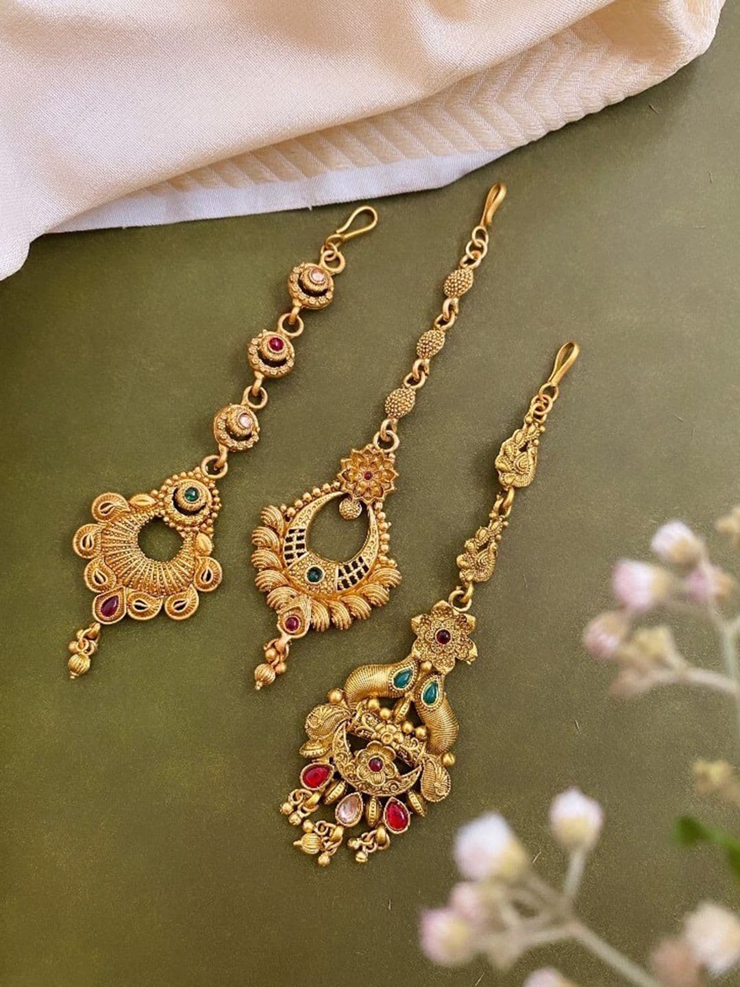 ATIBELLE Set of 3 Gold-Plated Stone-studded Maangtikka - Image 1