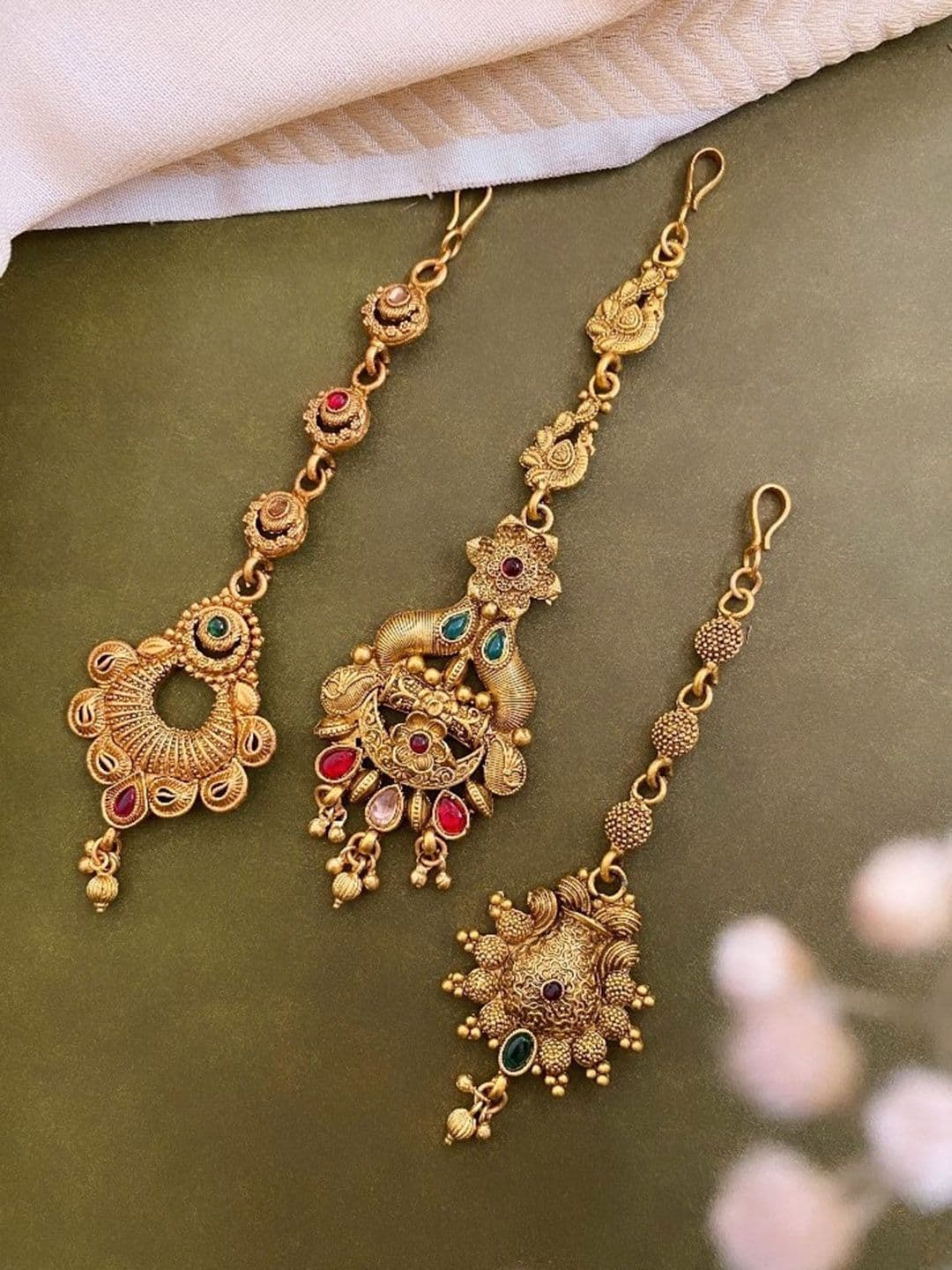 ATIBELLE Set Of 3 Gold-Plated Stone-Studded Maang Tikka - Image 1