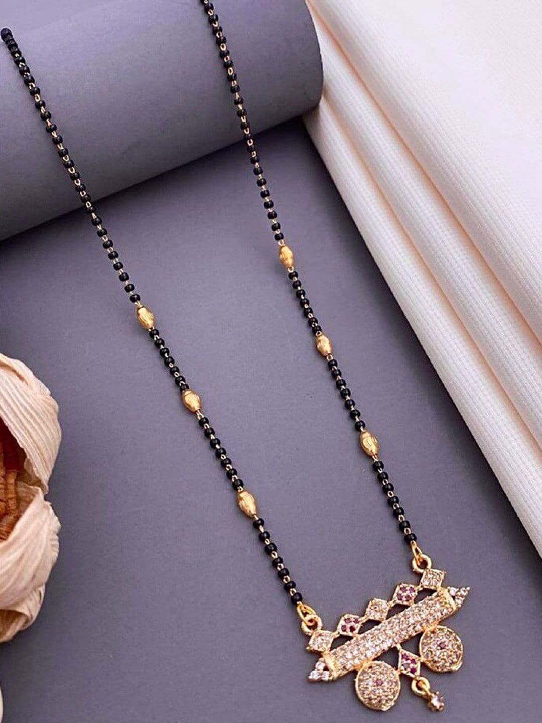 ATIBELLE Rose Gold Plated CZ Studded & Beaded Mangalsutra - Image 1