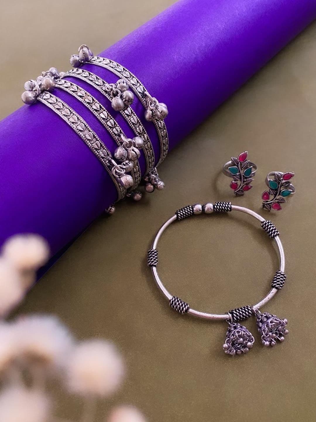 ATIBELLE Set of 3 German Silver Plated & Stone Studded Bangles & Toe Rings - Image 1