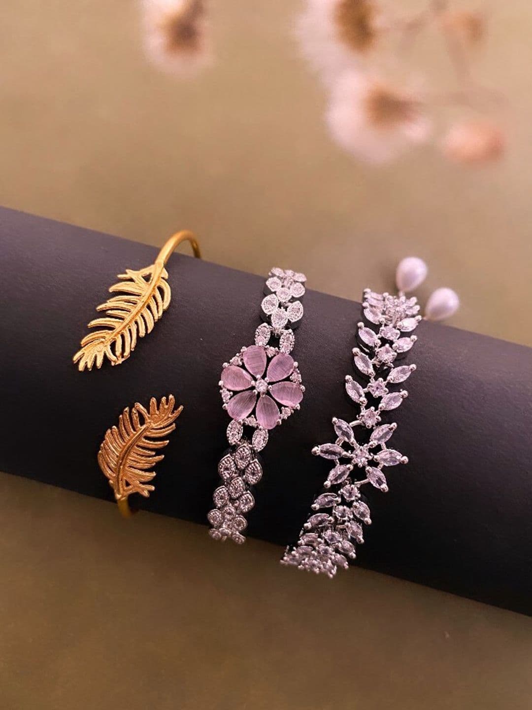 ATIBELLE Women Set Of 3 Silver-Plated American Diamond Bangle-Style Bracelet
