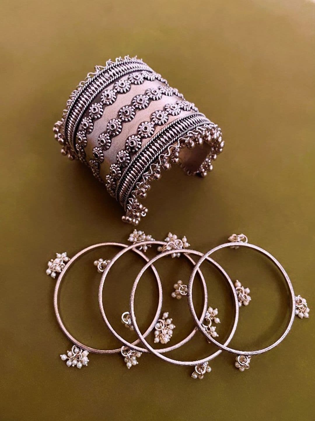 ATIBELLE Set Of 5 Sliver-Plated Beads-Studded Bangles