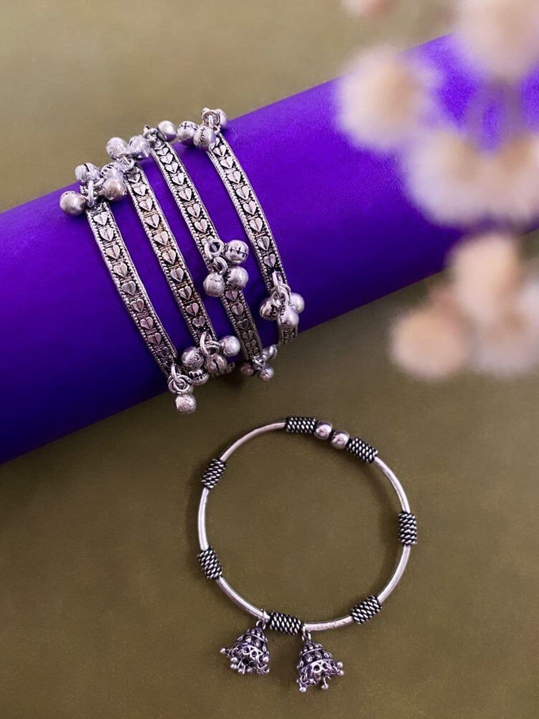 ATIBELLE Set Of 5 German Silver Plated Ghunghroo Stone Studded Bangles - Image 1