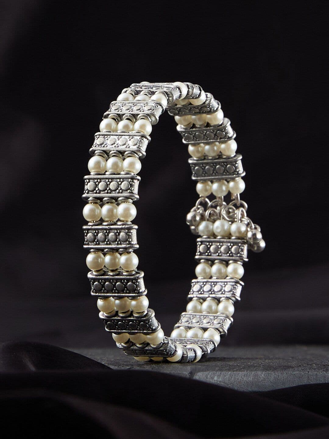 ATIBELLE Silver-Plated Pearl Beaded Adjustable Bangle-Style Bracelet - Image 1