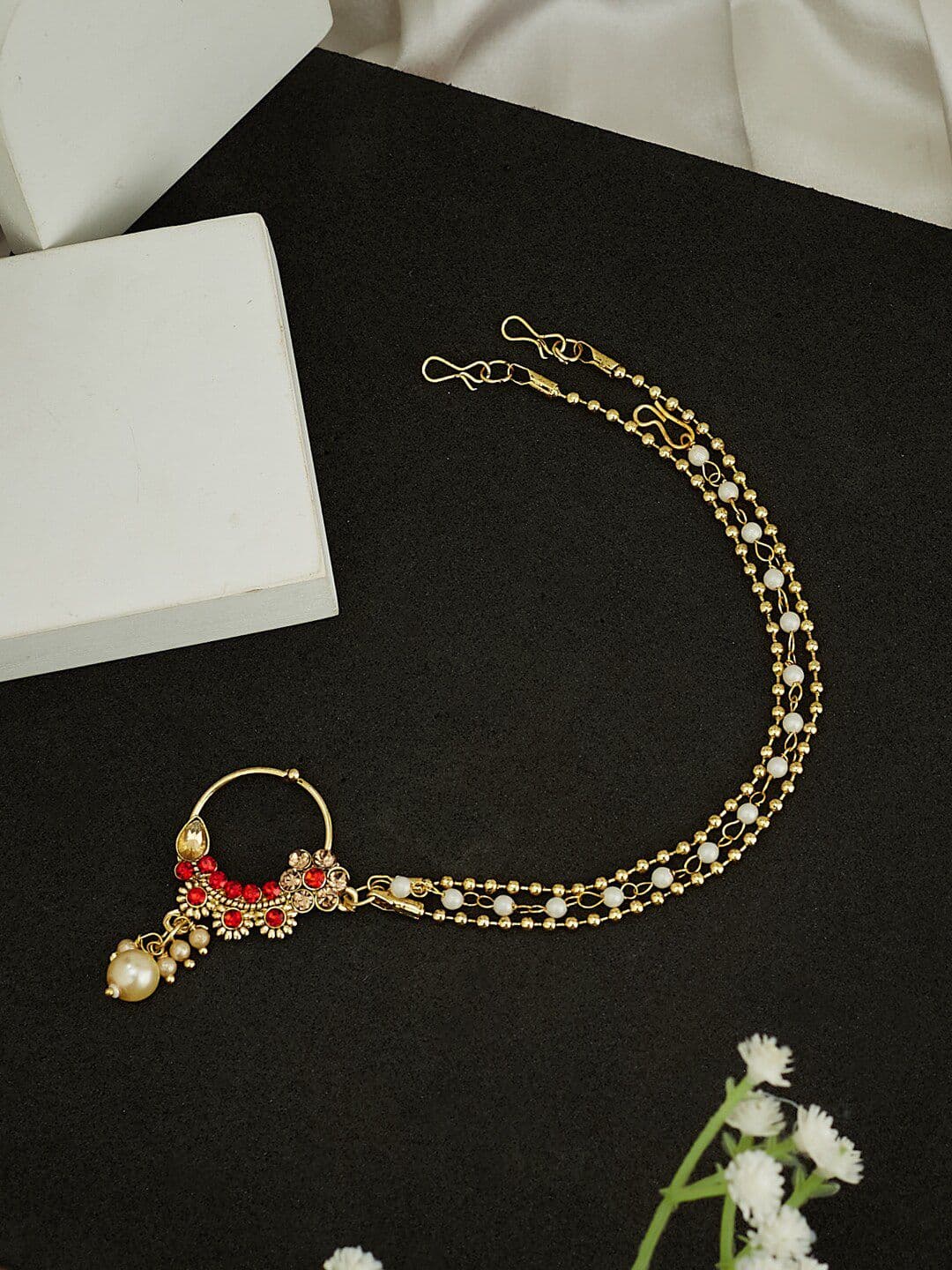 ATIBELLE Gold Plated Stone Studded Clip-On Nosepin With Beaded Extension - Image 1