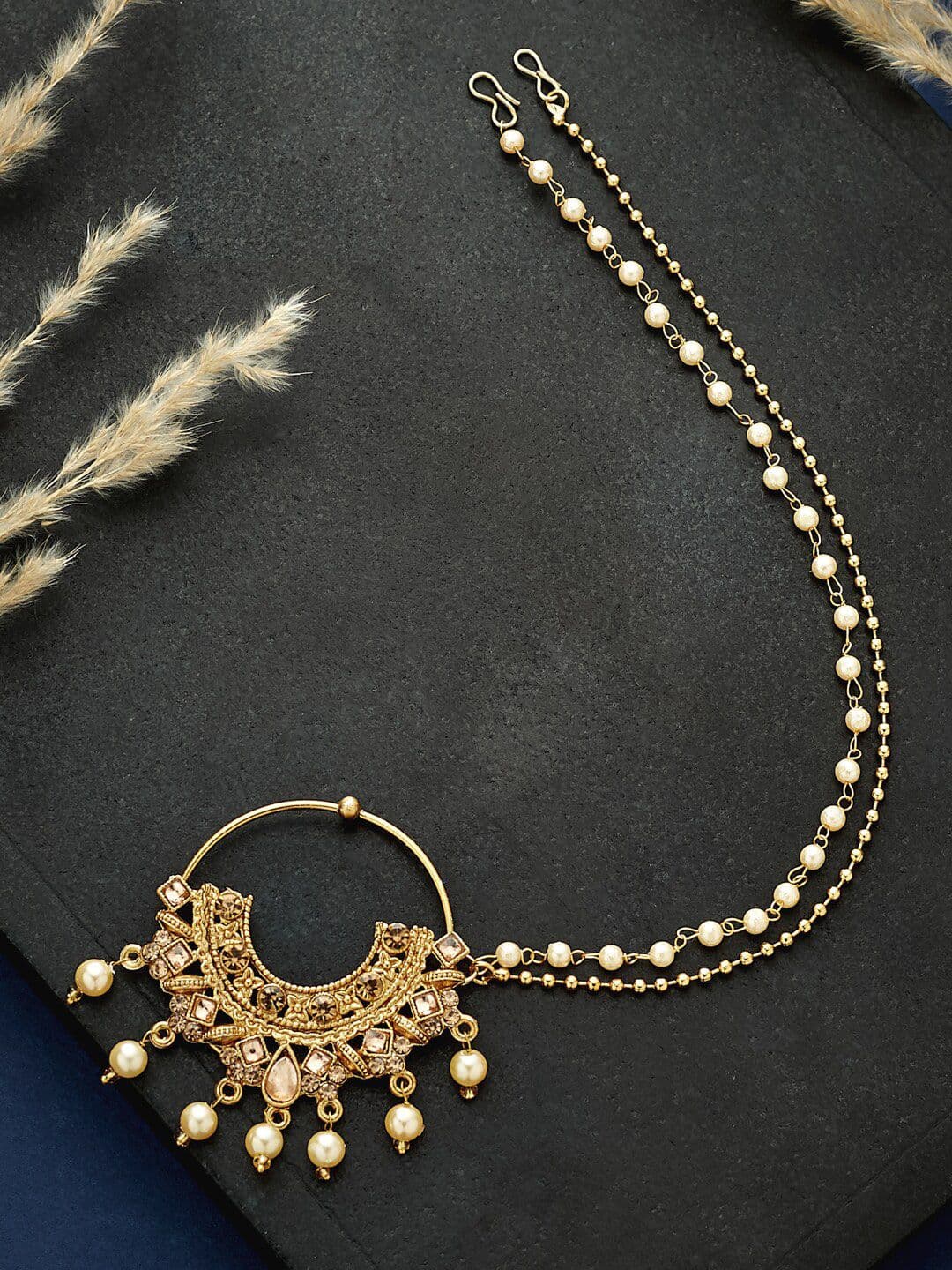 ATIBELLE Gold Plated Kundan Studded & Beaded Nosepin - Image 1