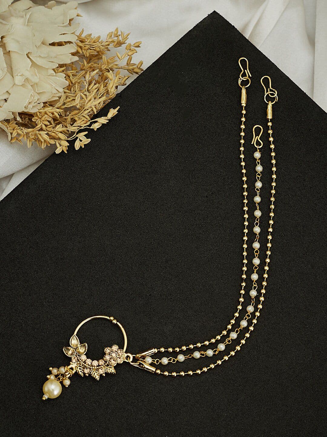 ATIBELLE Gold Plated Stone Studded & Pearls Beaded Nosepin With Beaded Extension - Image 1