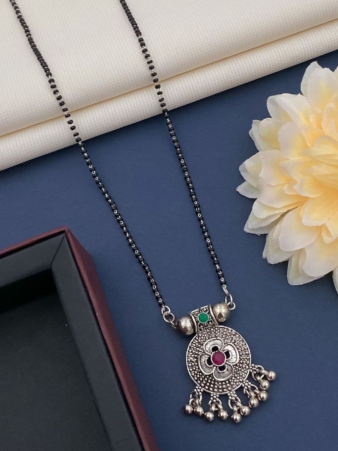 ATIBELLE Silver Plated Stone Studded & Beaded Mangalsutra - Image 1